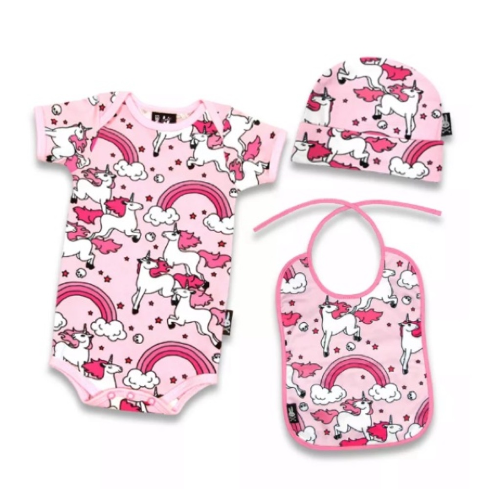 Six Bunnies Unicorn Rainbow Baby Gift Set Onesie Bib Hat Pink Infant Outfit NWT